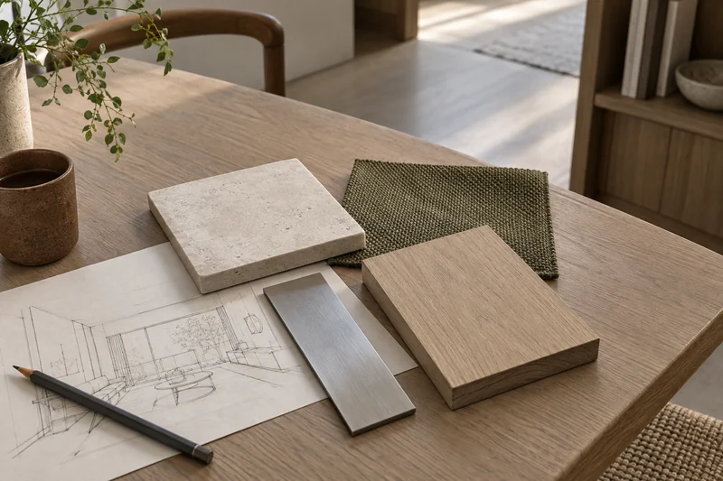 Illustrative samples of oak, mineral tile, olive fabric and brushed metal arranged together.