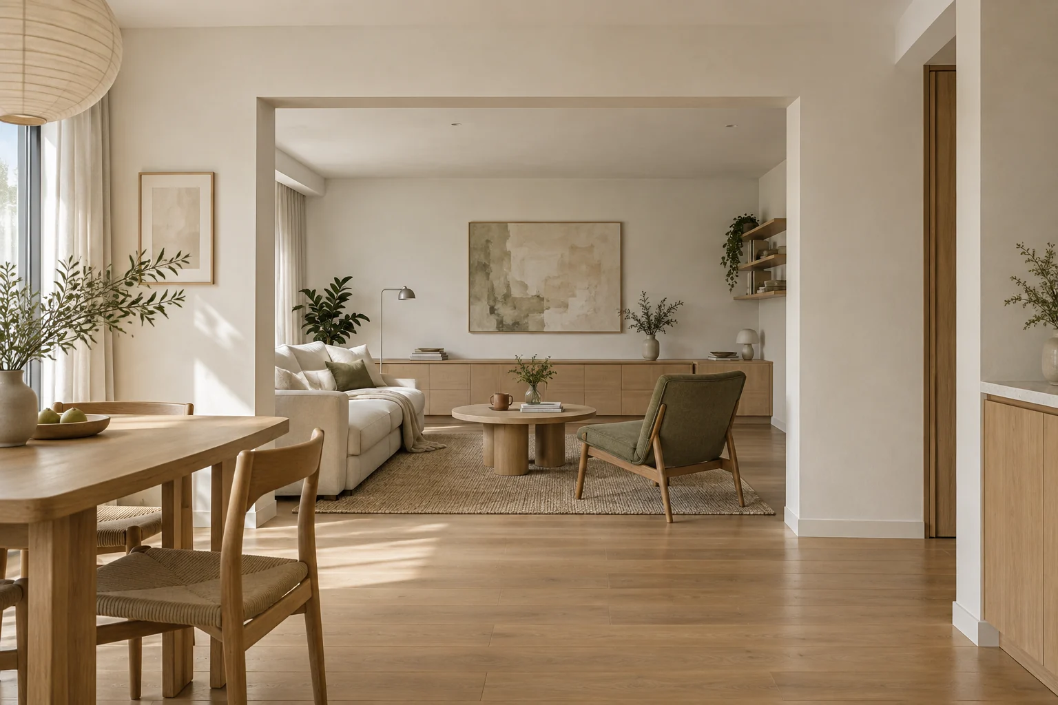 Illustrative apartment with a clear walkway between the dining area and a softly lit living room.